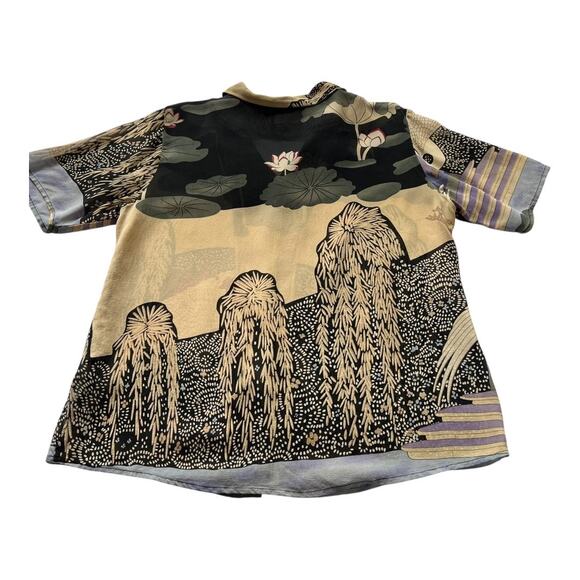 VINTAGE CITRON Crane Print Silk Button Down | L | Multicolor | Boho Resort - Picture 7 of 10